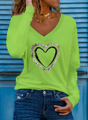 Heart Pattern V-neck Long-sleeve Women's T-shirt