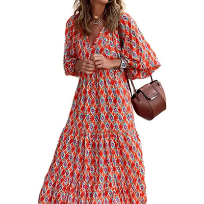 Women's Boho Floral Maxi Dress with Drawstring V Neck