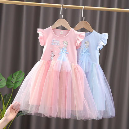 Girls' Summer Frozen Dress with Puff Skirt and Sleeves