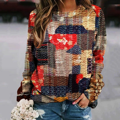 Printed Patchwork Round Neck Women's Long Sleeve Sweater