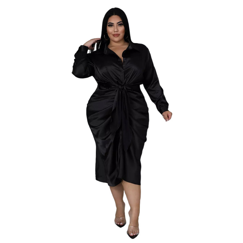 Elegant Plus Size Satin Ruched Long Sleeve Midi Dress