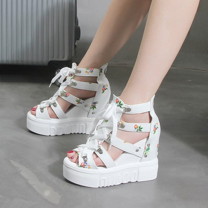 Spring Summer Wedge Sandals with Floral Design