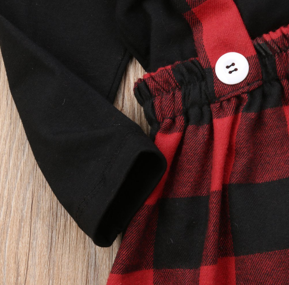 Black Long Sleeve Plaid Pinafore Dress Set for Girls