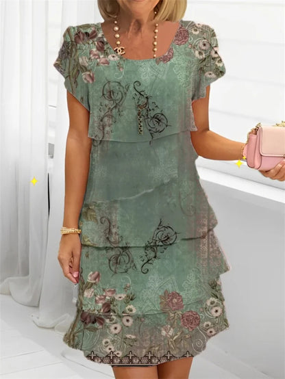 Chiffon Summer Short Sleeve O-Neck Print Loose Party Dresses