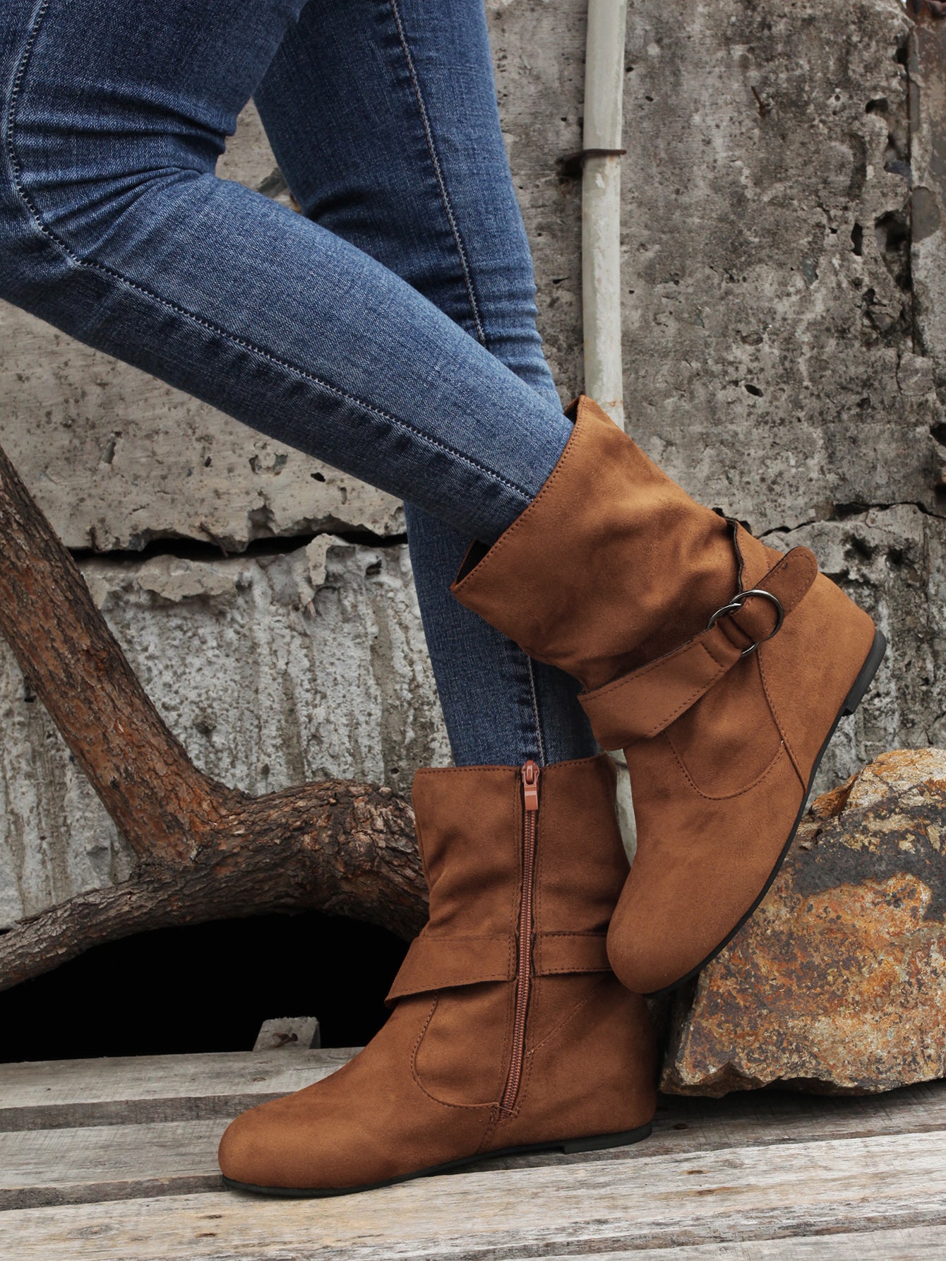 Ankle Boots  Round Toe Buckle Belt Side Zipper Boots