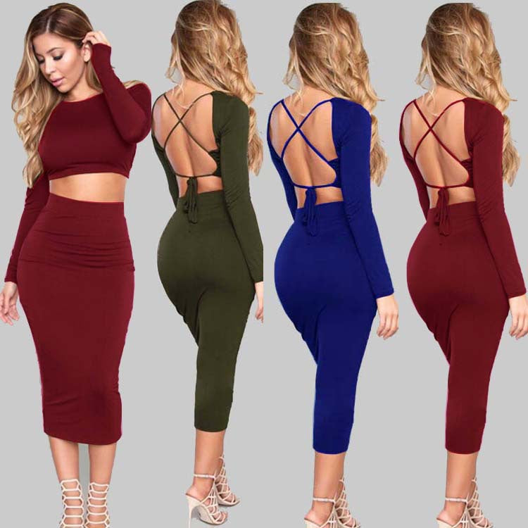 Tight-Fitting Crop Top and Midi Skirt Two-Piece Set