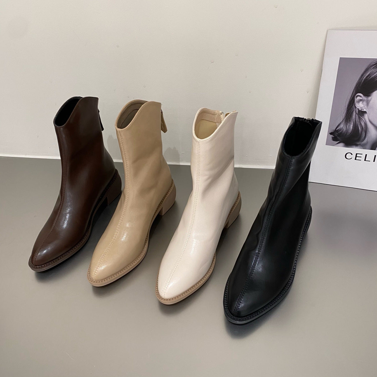 Women's Pointed Toe Ankle Boots with Thick Heels