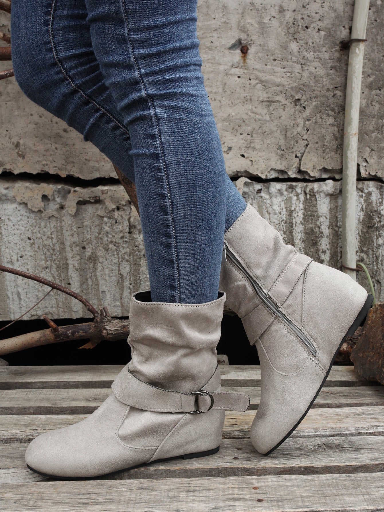 Ankle Boots Round Toe Buckle Belt Side Zipper Boots - Trendy Attic Store01