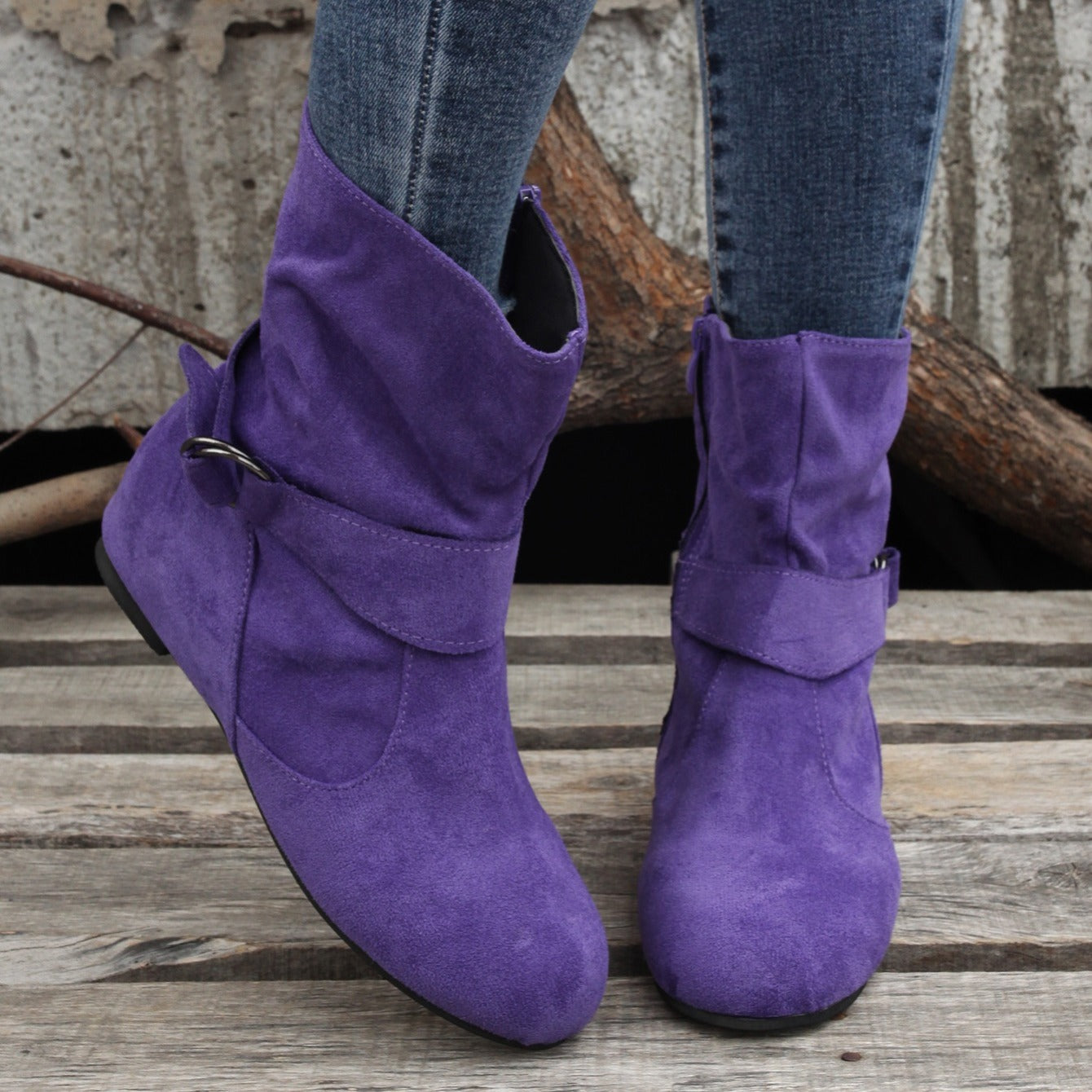 Ankle Boots  Round Toe Buckle Belt Side Zipper Boots