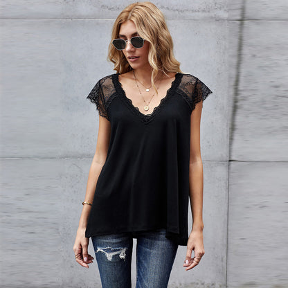Women's Lace Knit Vest Top - European Style V-Neck T-Shirt