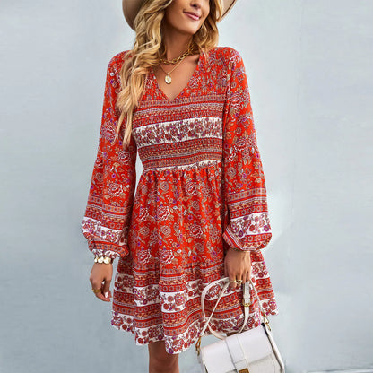 Bohemian Long Sleeve V-Neck Dress with Skirt