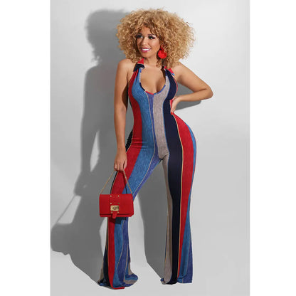Striped Halter Jumpsuit with Horns for a Bold Look