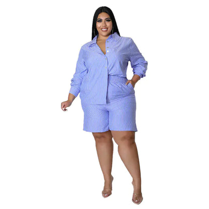 Plus Size Summer Two Piece Set for Women - Striped Shirt