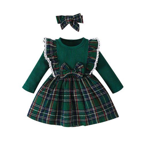 Plaid Long Sleeve Dress in Christmas Style for Girls