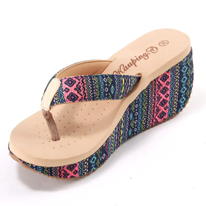 Ethnic Style Wedge Flip Flops with Thick Sole