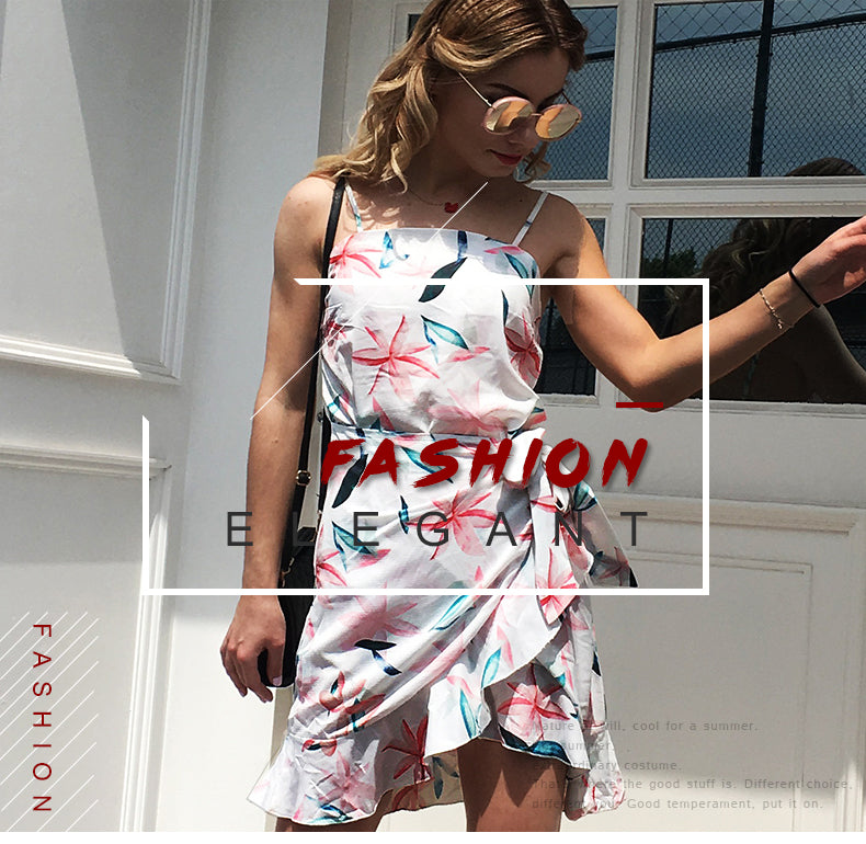 Leaf Print Cami Chiffon Dress - Irregular Short Skirt
