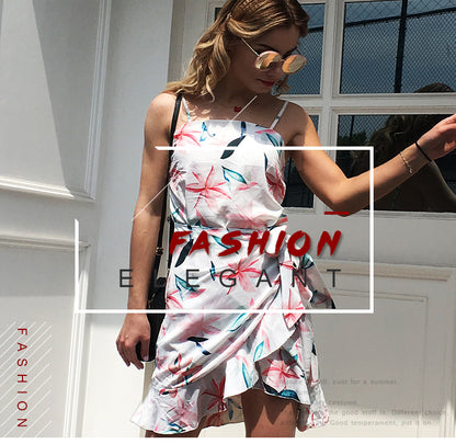 Leaf Print Cami Chiffon Dress - Irregular Short Skirt