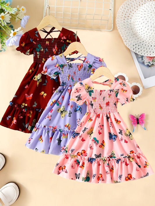 3pcs Set Girls' Butterfly Digital Print Dresses with Ruffled Neckline & Smock Front
