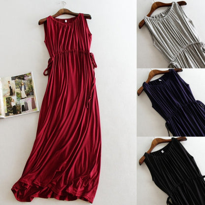 High-Waisted Sleeveless Maxi Dress with Drawstring