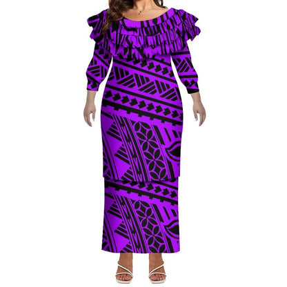 Plus Size Women Hawaiian Print Full Sleeve Long Dress