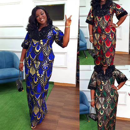 Plus Size Women's Long Satin Sequin Gown Dress