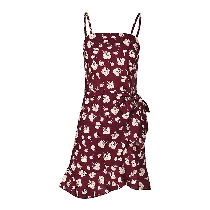 Leaf Print Cami Chiffon Dress - Irregular Short Skirt