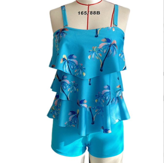 WOLFF Stylish Blue Tankini with Print Skirted Bottom (One Piece)