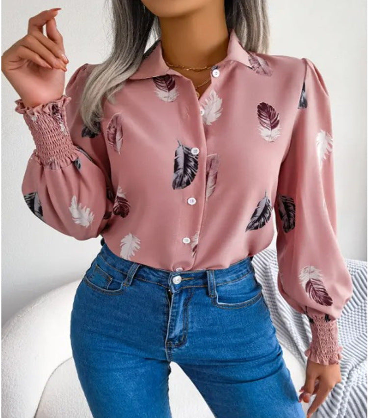 Women's Autumn Winter Feather Print Blouse Shirt