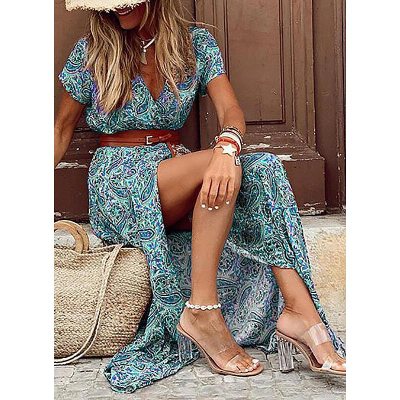 Bohemian V Neck Floral Dress for Ladies