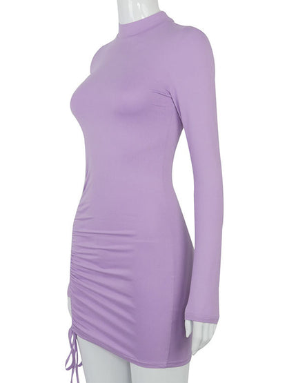 Black Turtleneck Rushed Bodycon Mini Dress for Women