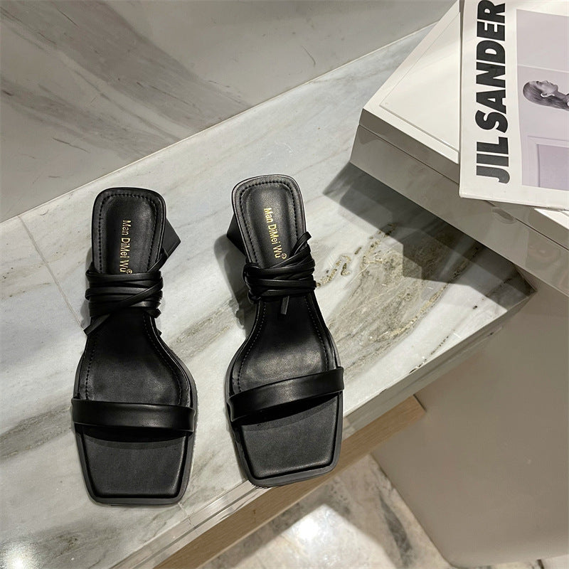 Square Toe High-Heeled Cross Strap Sandals