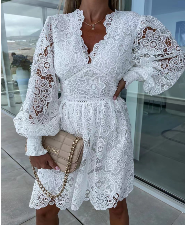 Lace-Trimmed Long Sleeve Dress