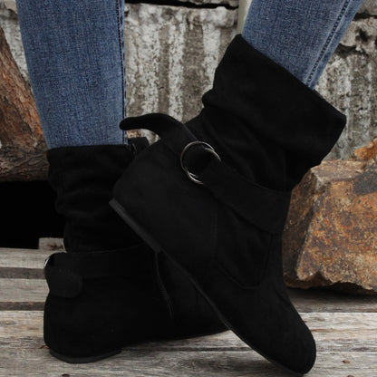 Ankle Boots  Round Toe Buckle Belt Side Zipper Boots