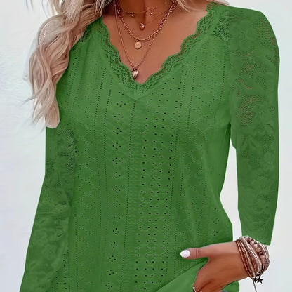 Chic Contrast Lace V-neck Eyelet T-Shirt
