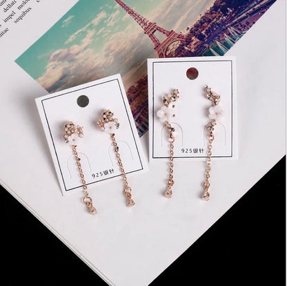 Long Rhinestone Snowflake Earrings with 925 Silver Pins