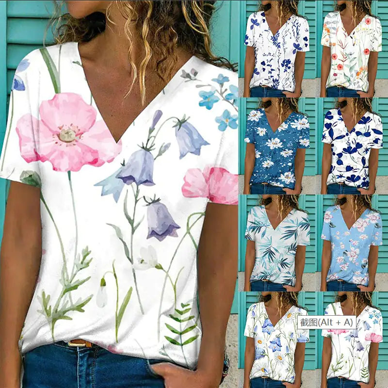 Women's V-Neck Short Sleeve Flower Print T-Shirt