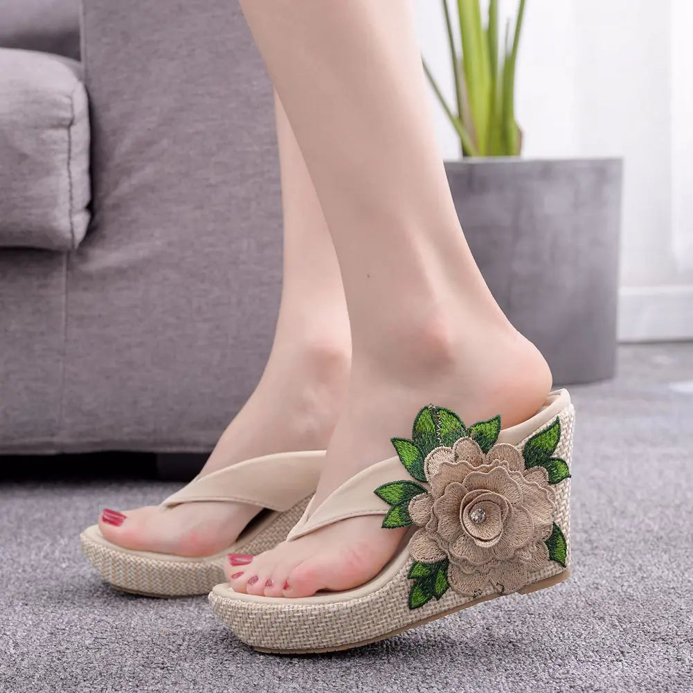 Embroidered Floral Platform Roman Wedge Sandals