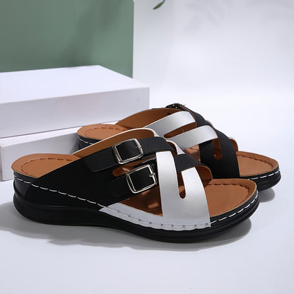 Silvery Black Cross Strap Flat Slippers With A Soft Bottom And Anti Slip