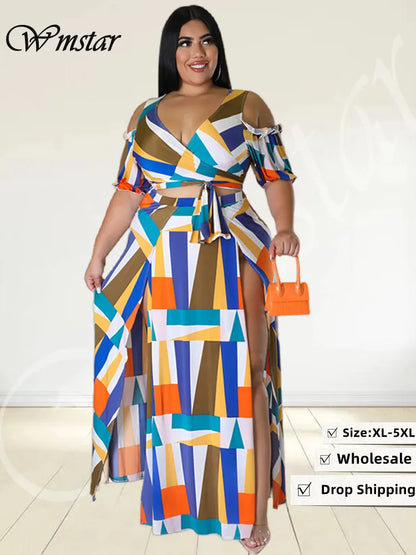 Plus Size Dress Sets Two Piece V Neck Printed Crop Top Big Swing Skirts