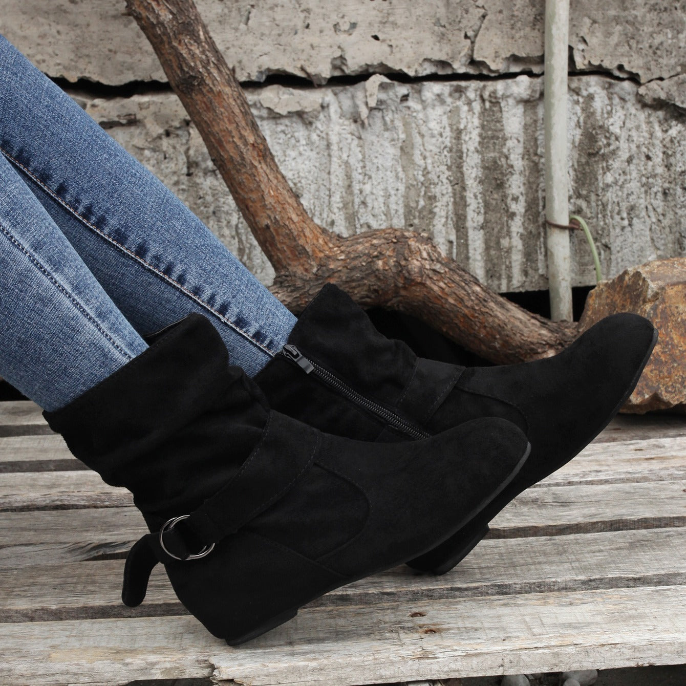 Ankle Boots  Round Toe Buckle Belt Side Zipper Boots