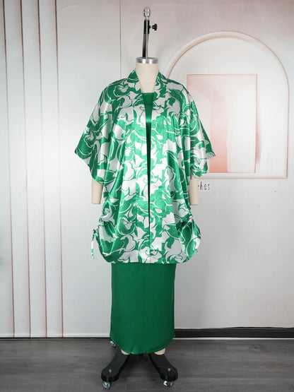 Plus Size Printed Robe Women's Vest Jacket Two-piece  Set Dress