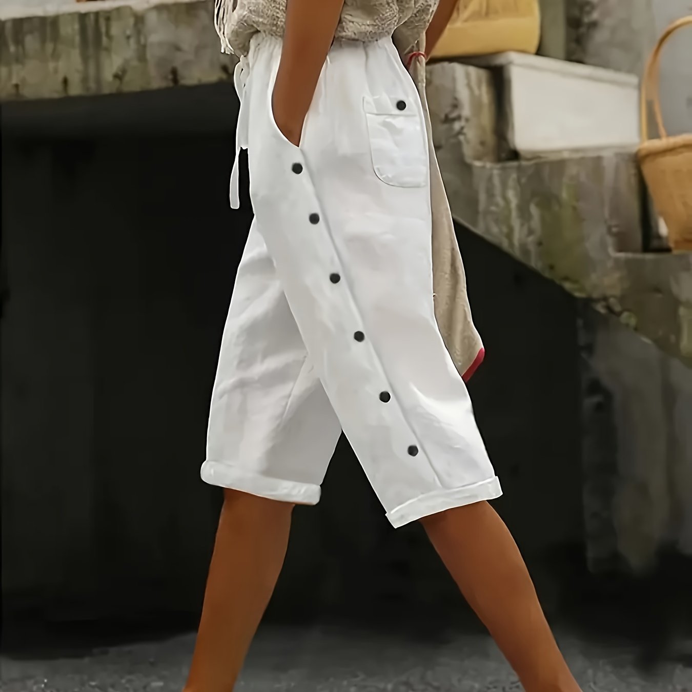 Plus Size Women's Casual Button Pants with Pockets