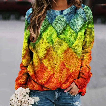 Printed Patchwork Round Neck Women's Long Sleeve Sweater