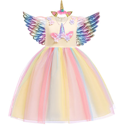 Unicorn Ruffle Sleeve Rainbow Dress for Girls