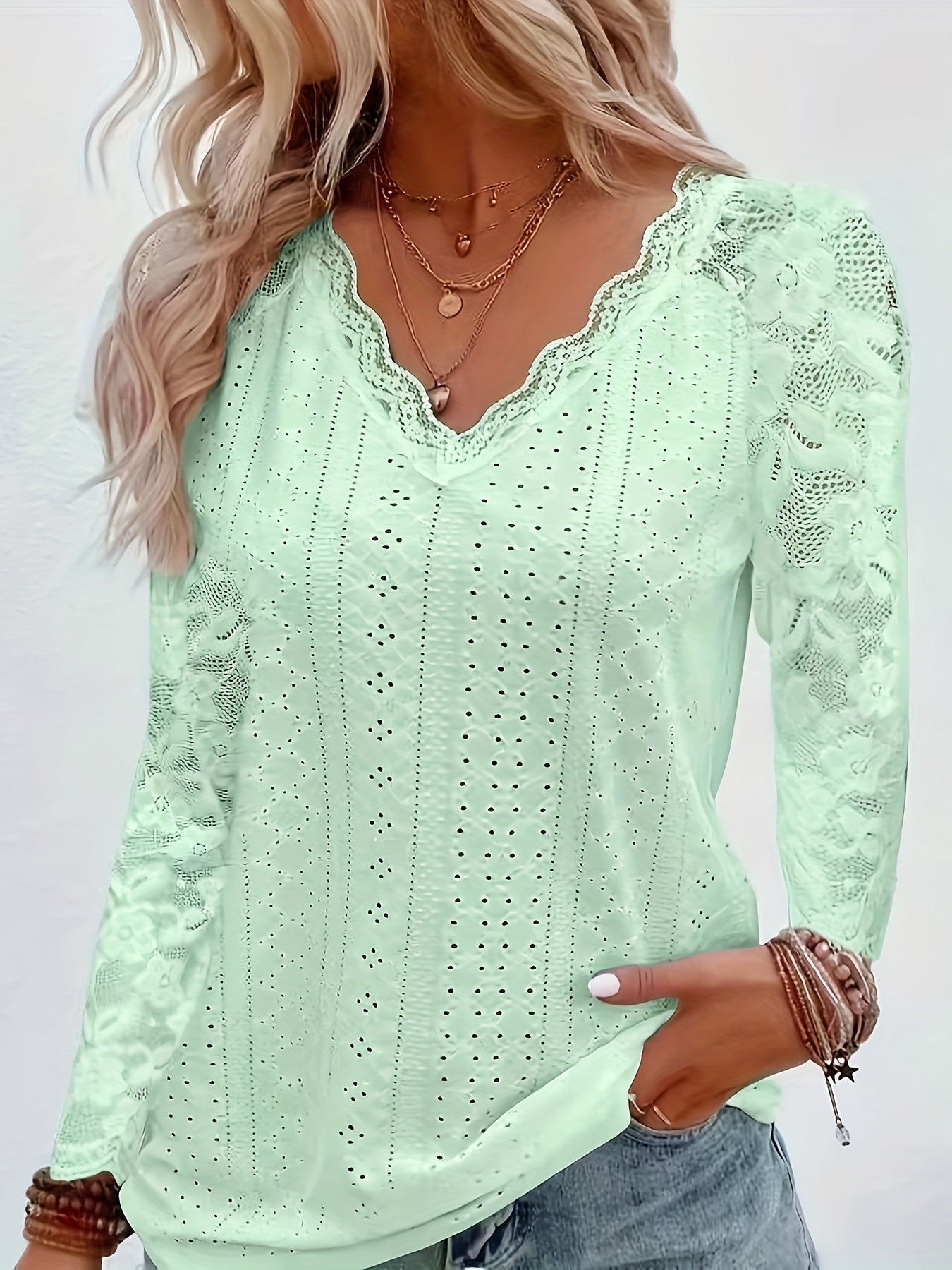 Chic Contrast Lace V-neck Eyelet T-Shirt