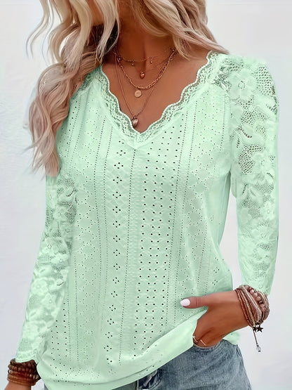 Chic Contrast Lace V-neck Eyelet T-Shirt