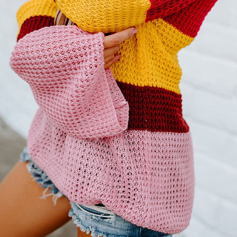 Plus Size Casual Striped Sweater with Round Neck