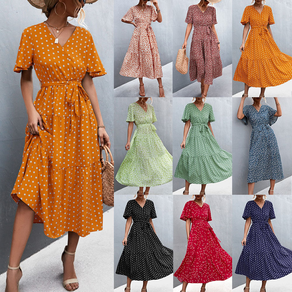 Women's V-Neck Polka Dot Floral Tie Dress