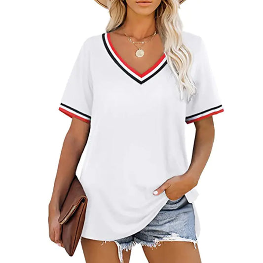 V-neck Striped Short-sleeve T-shirt for Women