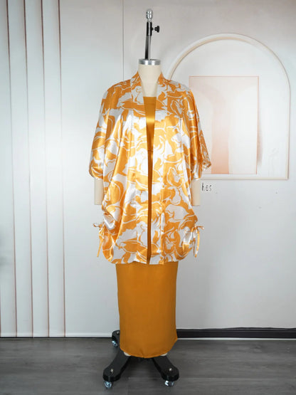 Plus Size Printed Robe Women's Vest Jacket Two-piece  Set Dress